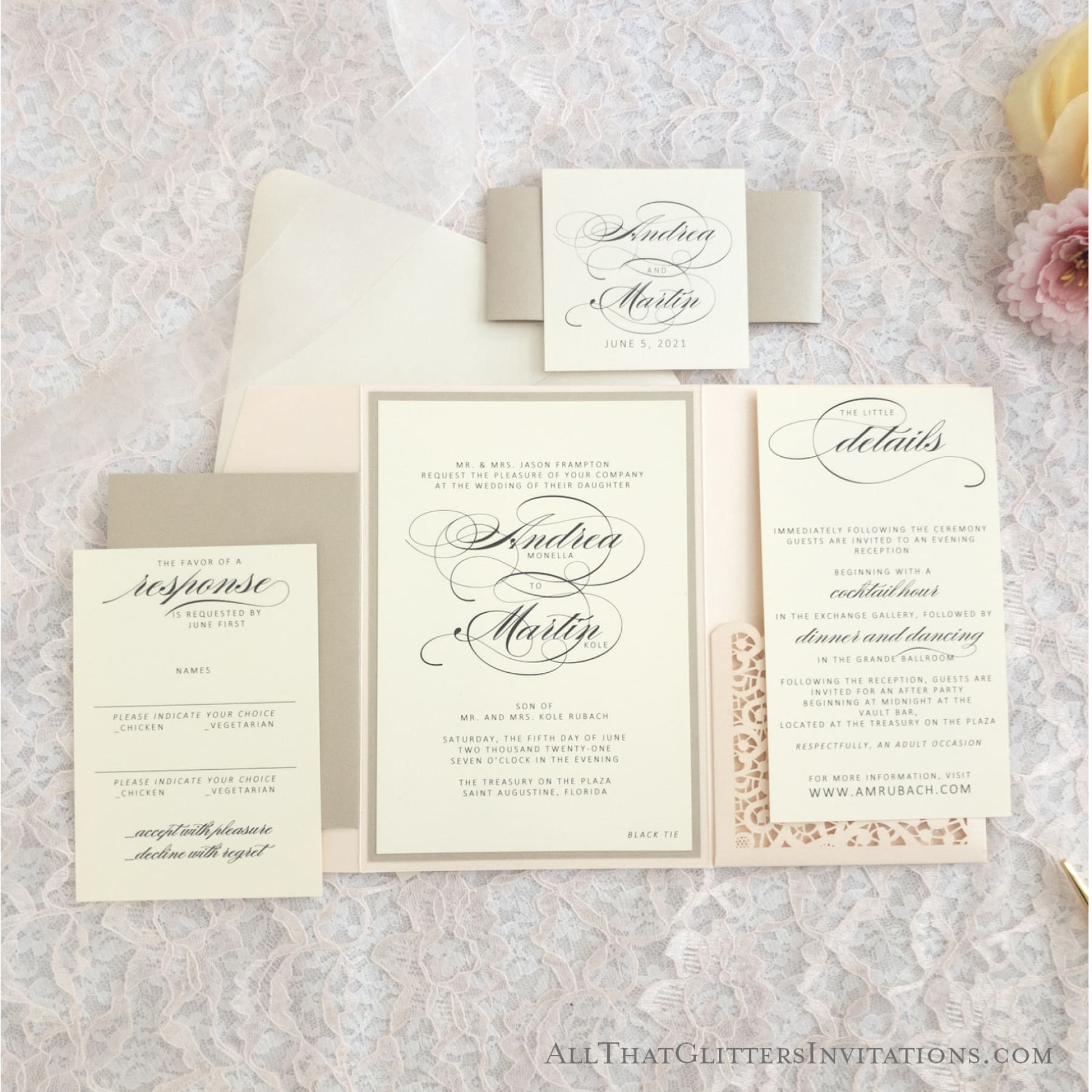 Laser Cut Pocket Wedding Invitation, Andrea - All That Glitters Invitations
