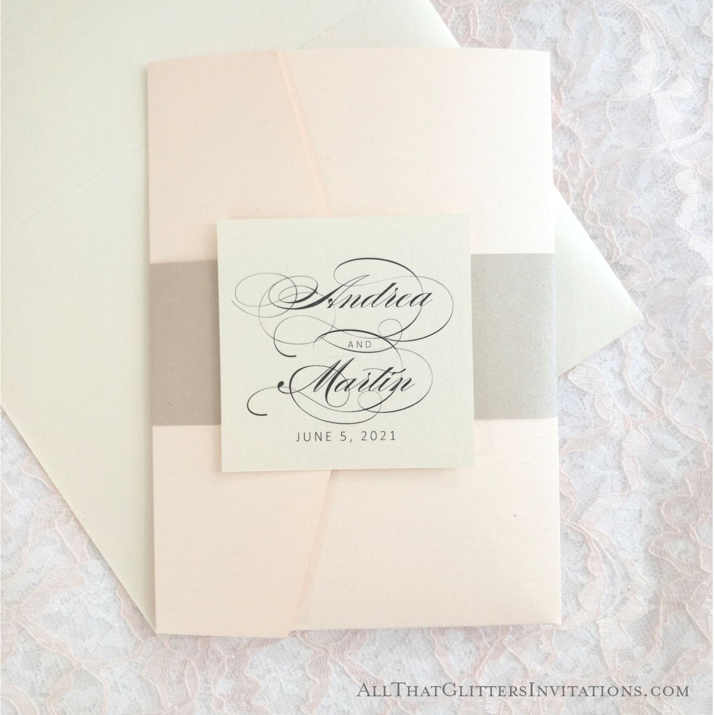 Laser Cut Pocket Wedding Invitation, Andrea - All That Glitters Invitations