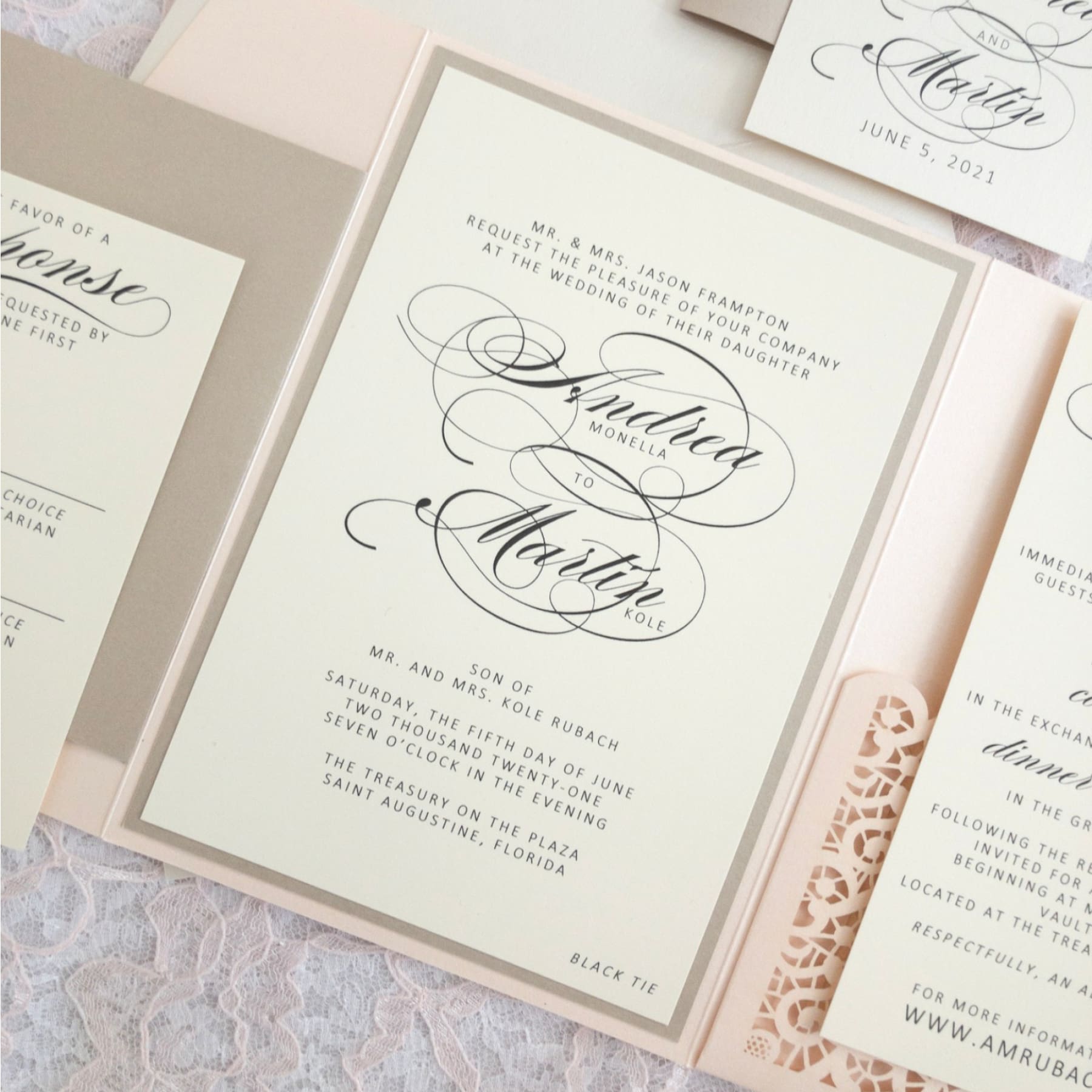 Laser Cut Pocket Wedding Invitation, Andrea - All That Glitters Invitations