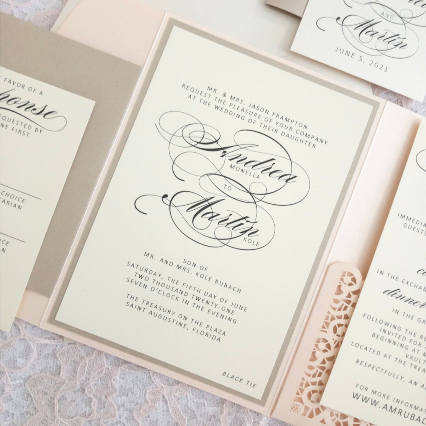 Laser Cut Pocket Wedding Invitation, Andrea - All That Glitters Invitations