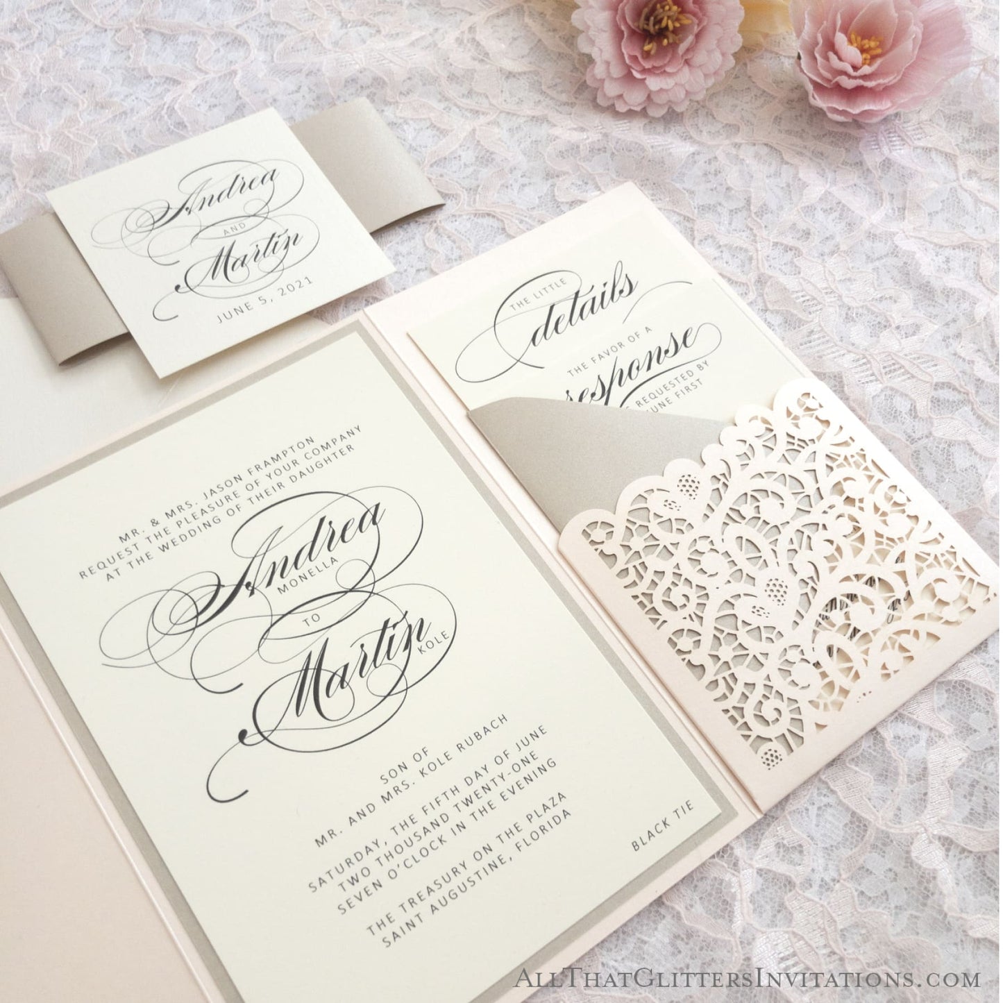 Laser Cut Pocket Wedding Invitation, Andrea - All That Glitters Invitations