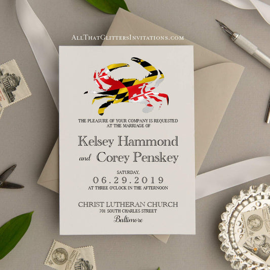 Maryland Flag Crab Wedding Invitation, Kelsey - All That Glitters Invitations