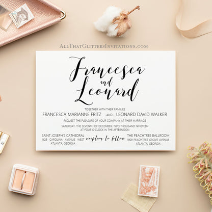 Modern Calligraphy Wedding Invitation, Francesca - All That Glitters Invitations