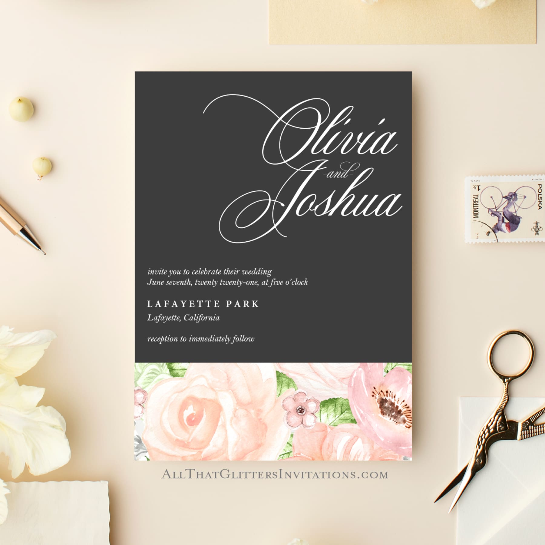 Modern Floral Wedding Invitation, Olivia - All That Glitters Invitations