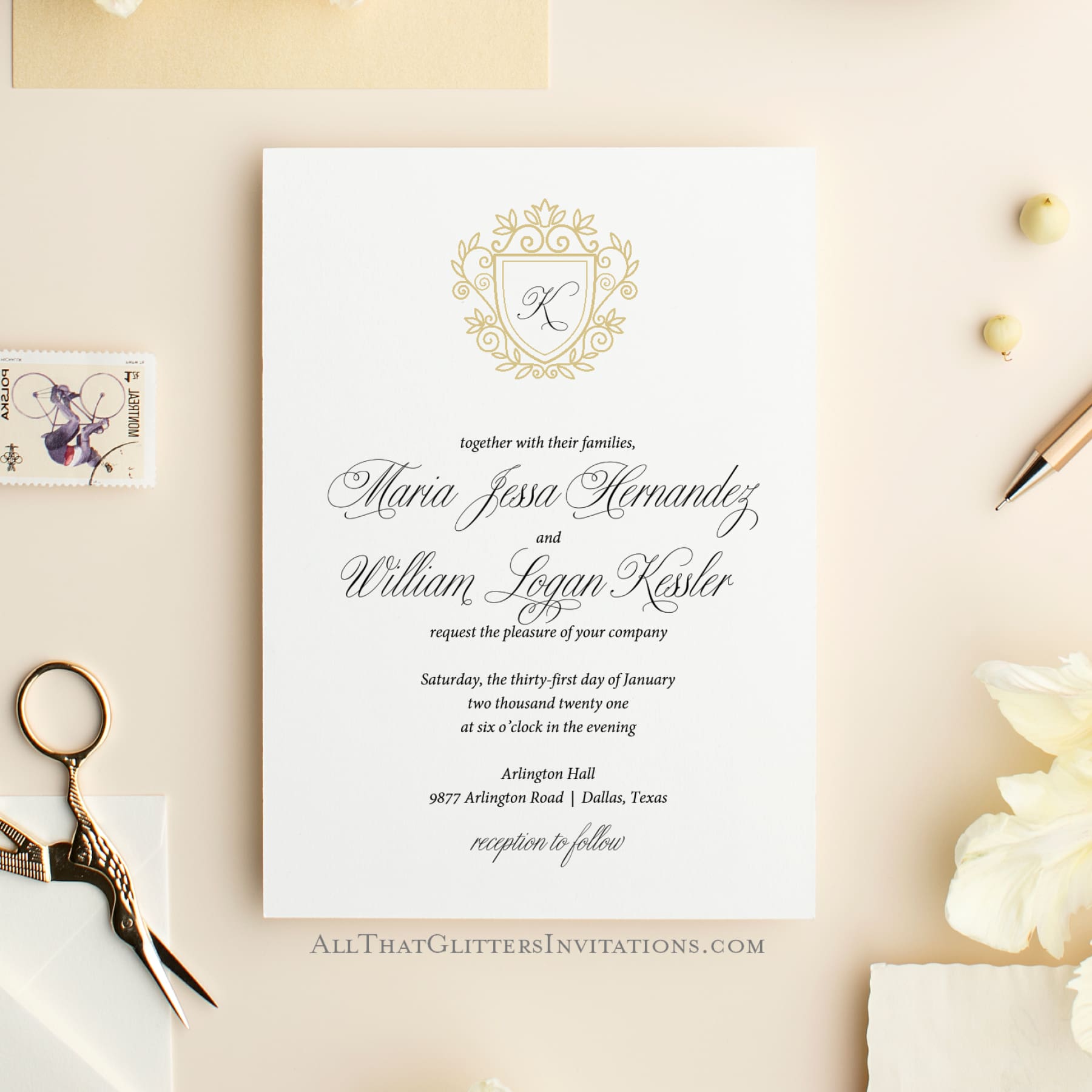 Modern Monogram Crest Wedding Invitation - All That Glitters Invitations