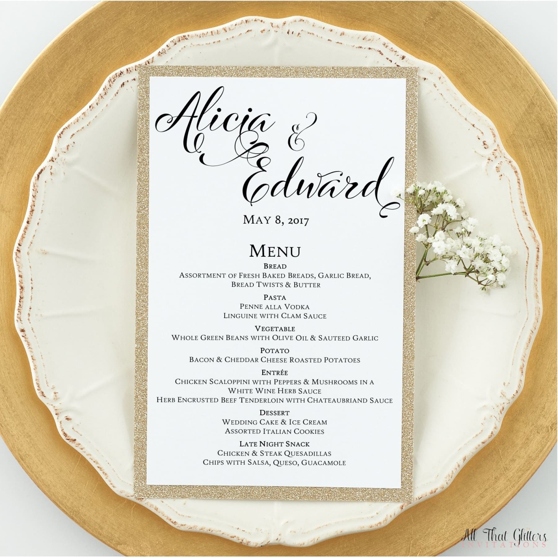 Modern Wedding Reception Dinner Menu, Alicia - All That Glitters Invitations