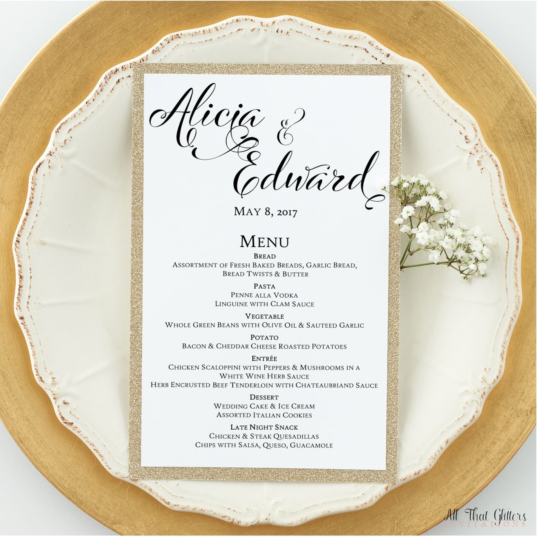 Modern Wedding Reception Dinner Menu, Alicia - All That Glitters Invitations