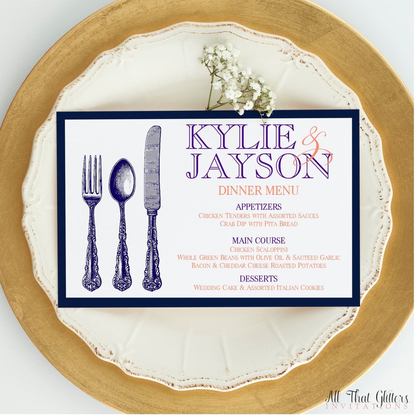 Modern Wedding Reception Dinner Menu, Kylie - All That Glitters Invitations
