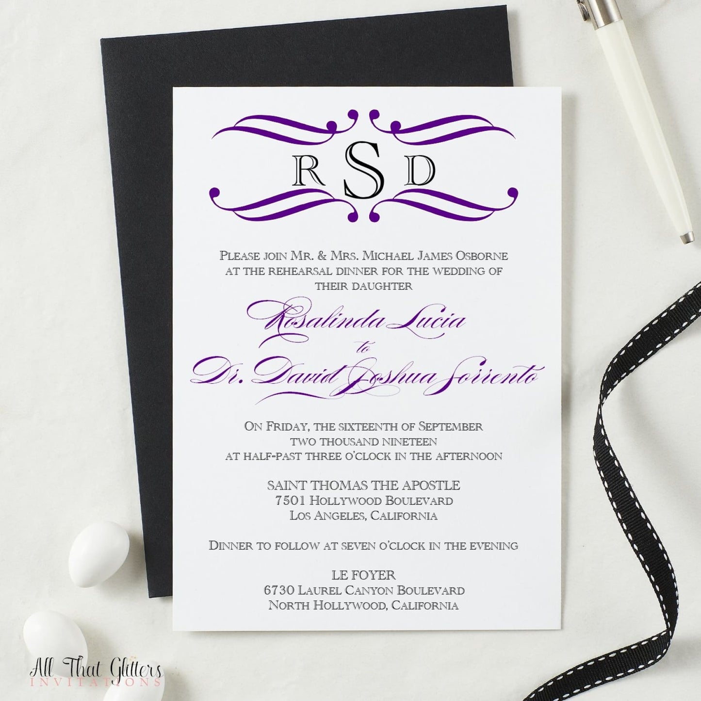 Monogram Flourish Rehearsal Dinner Invitation, Rosie - All That Glitters Invitations