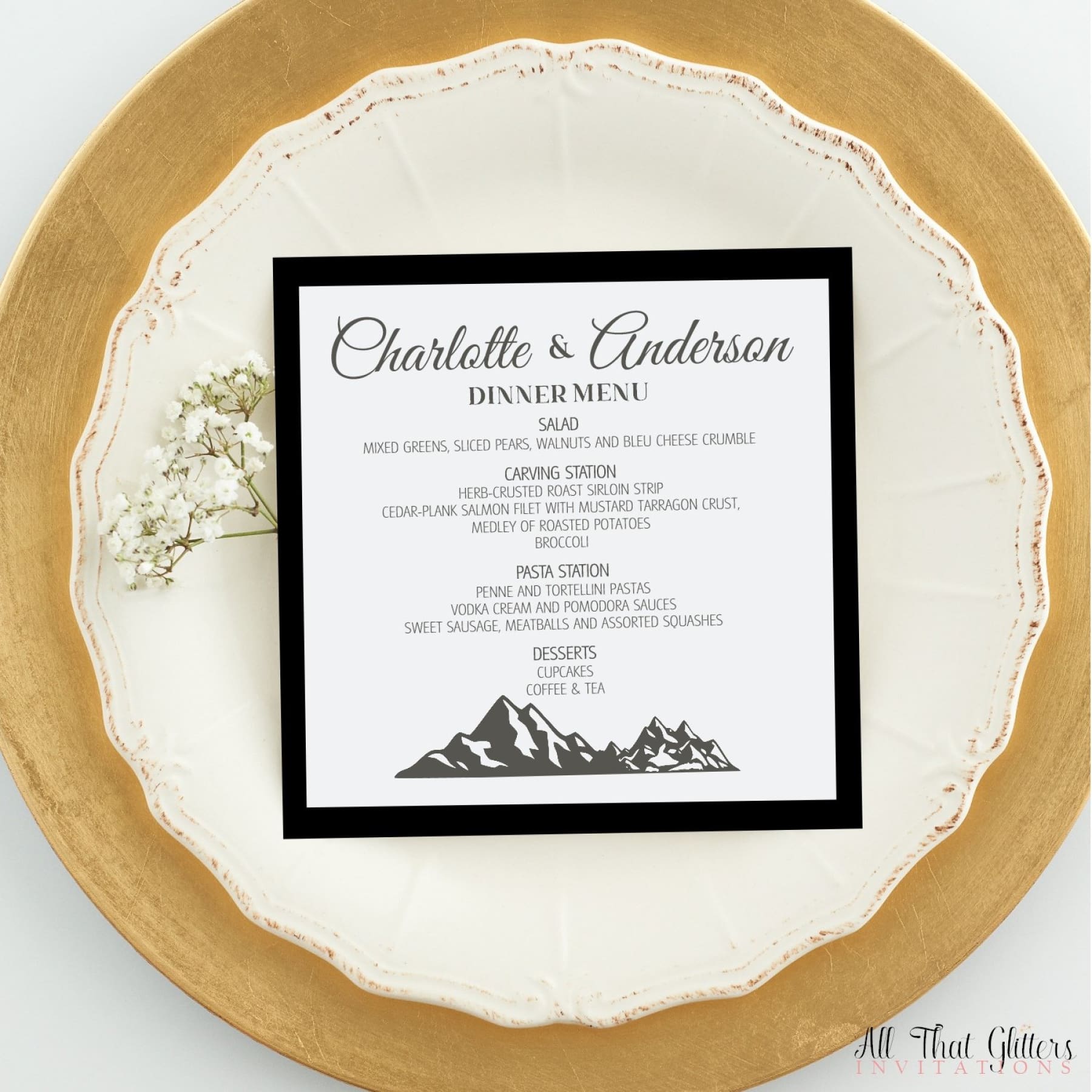 Mountain Wedding Reception Dinner Menu, Charlotte - All That Glitters Invitations