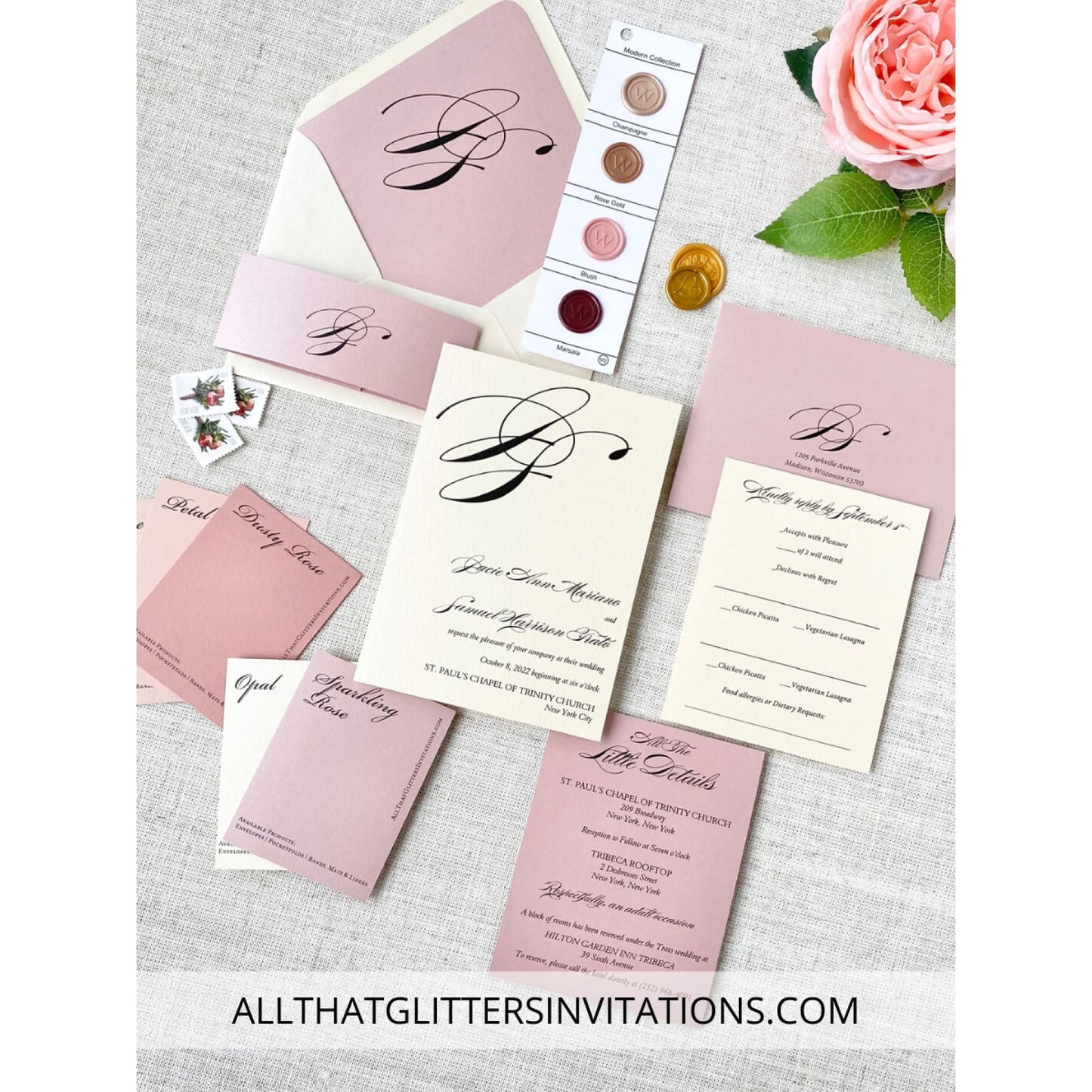 Multi-color wedding invitations with initial monogram - All That Glitters Invitations