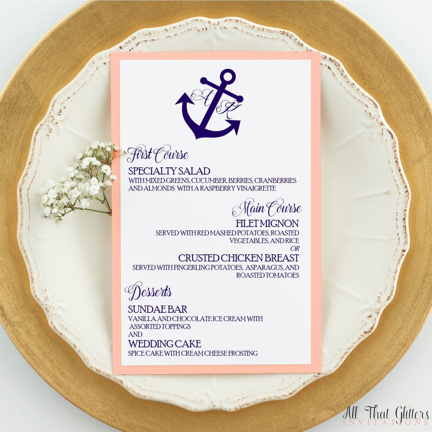 Nautical Wedding Reception Dinner Menu, Ariana - All That Glitters Invitations
