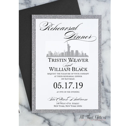 New York City Skyline Rehearsal Dinner Invitation, Tristen - All That Glitters Invitations