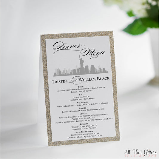 NYC Skyline Wedding Reception Menu, Tristin - All That Glitters Invitations