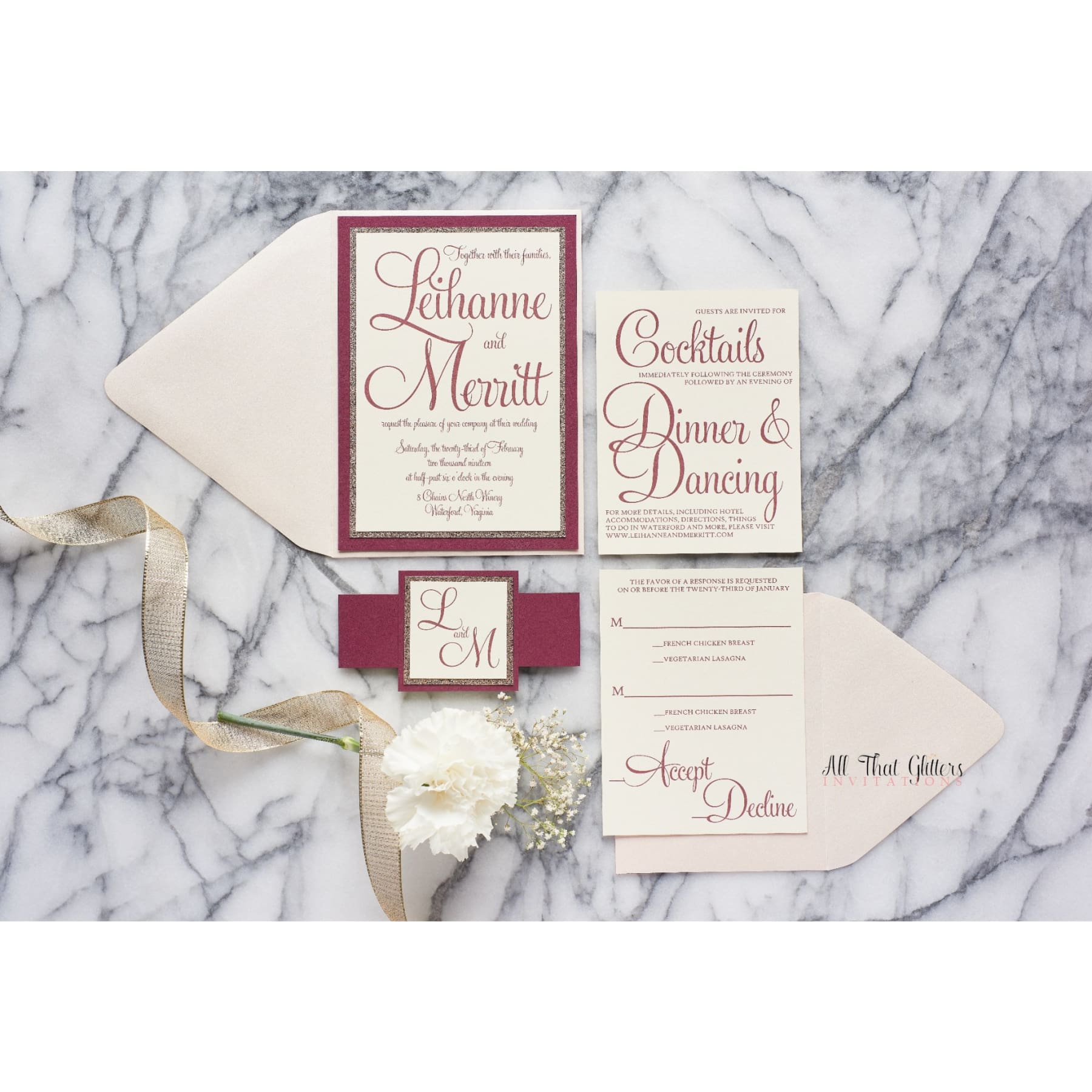 Romantic Script Wedding Invitation, Leihanne - All That Glitters Invitations