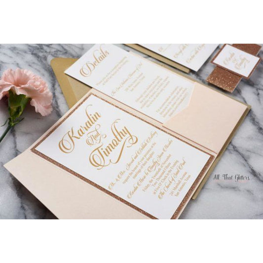 Rose Gold Glitter Wedding Invitation with Pocketfold, Karalin - All That Glitters Invitations