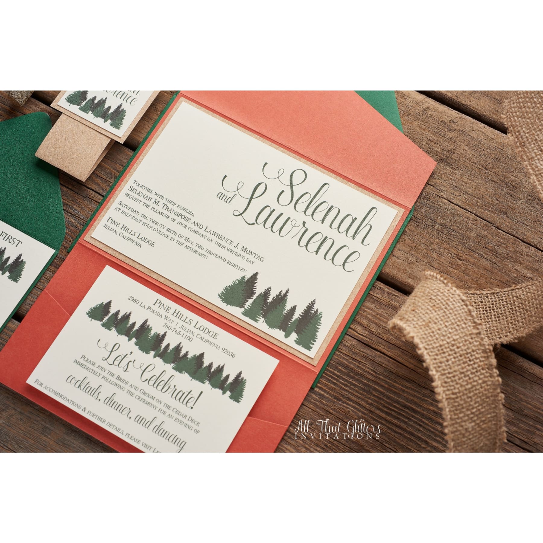 Rustic Pine Tree Wedding Invitation, Selenah - All That Glitters Invitations