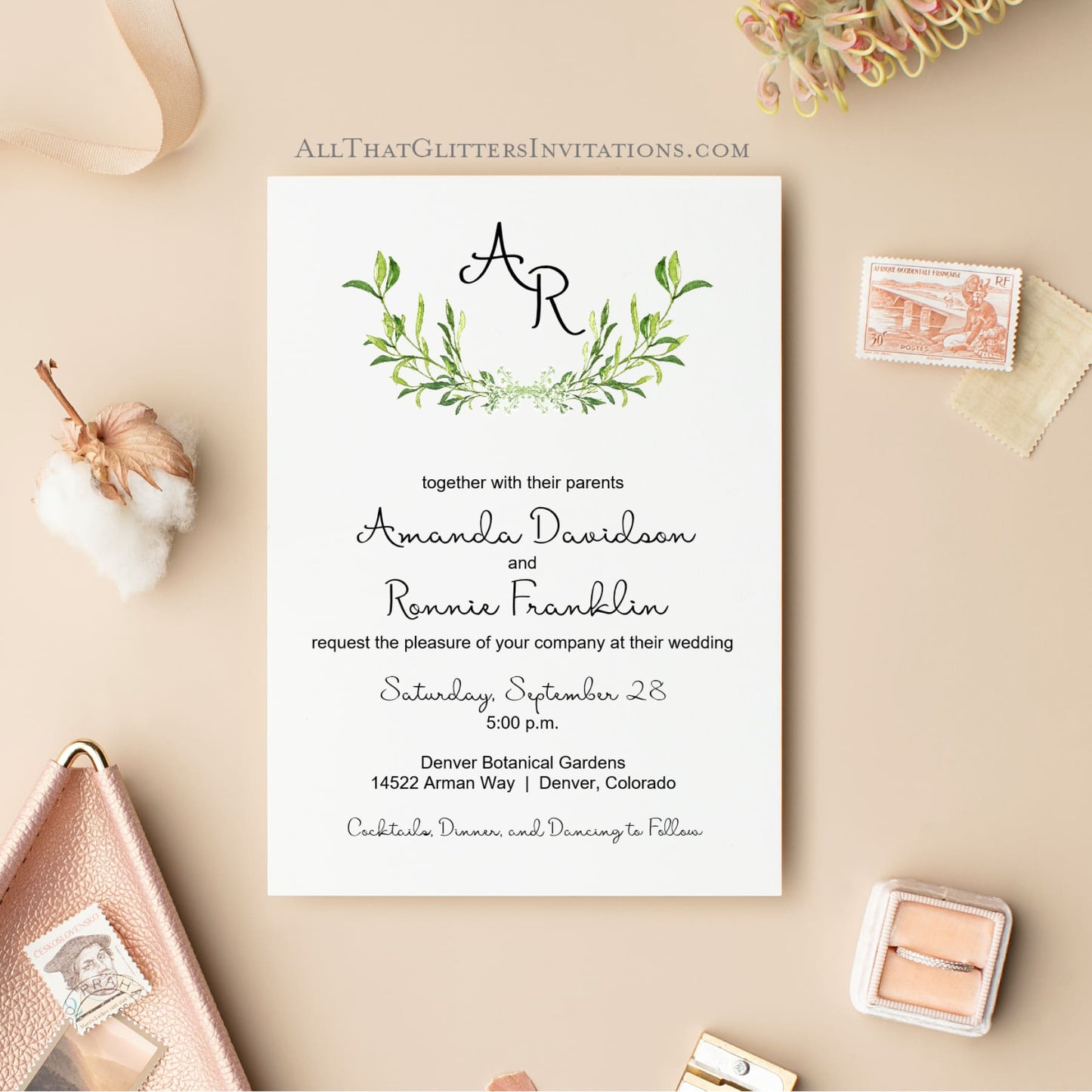 Rustic Wreath Wedding Invitation - All That Glitters Invitations