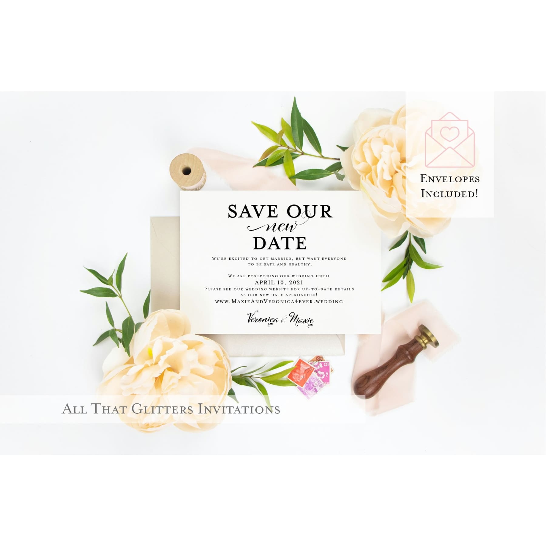Save Our New Date Wedding Postponement Announcement - All That Glitters Invitations