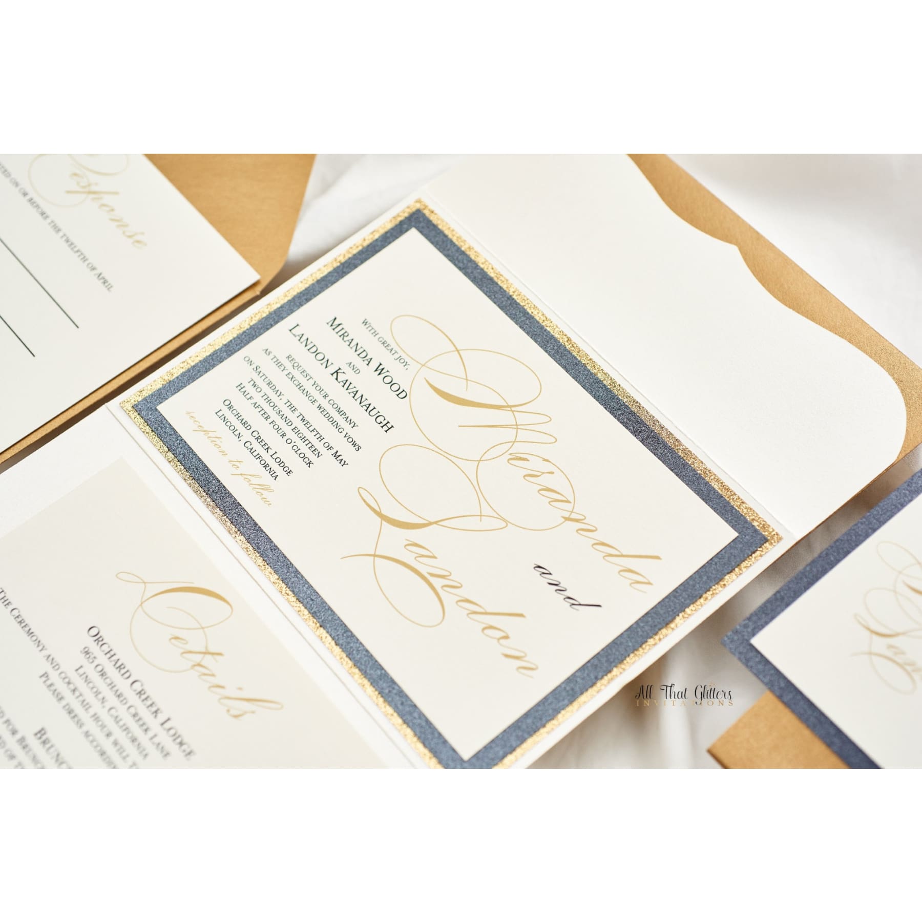 Scallop Pocketfold Wedding Invitation, Miranda - All That Glitters Invitations