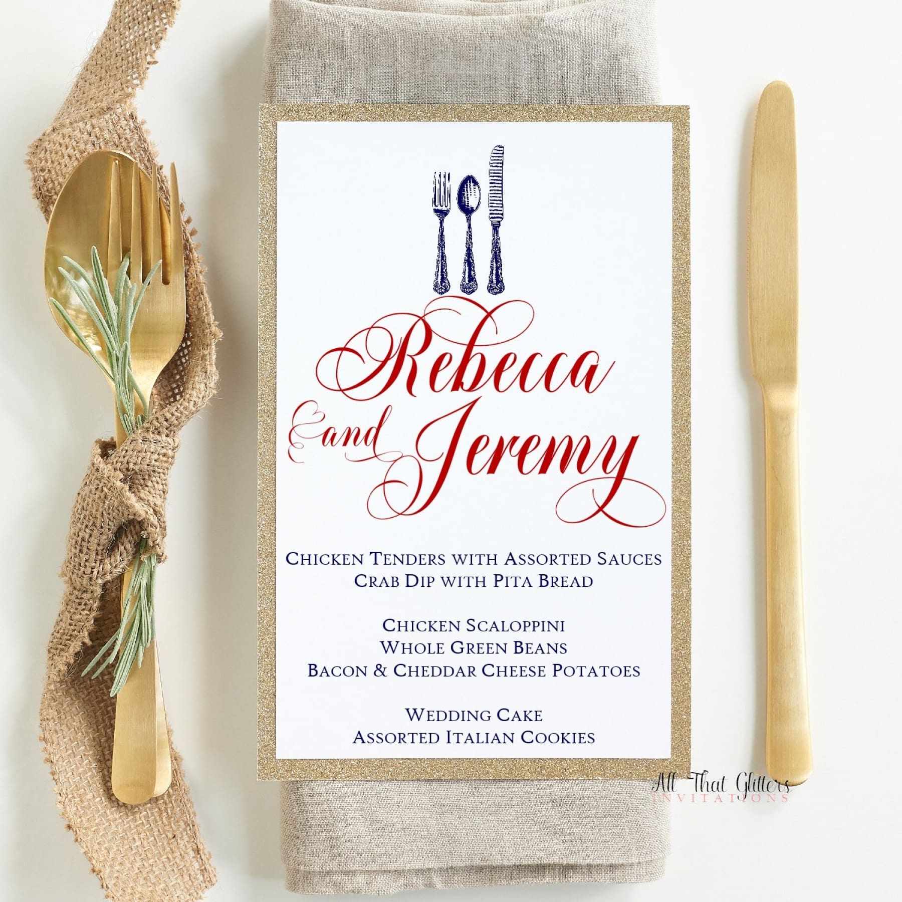 Script Wedding Reception Menu, Rebecca - All That Glitters Invitations