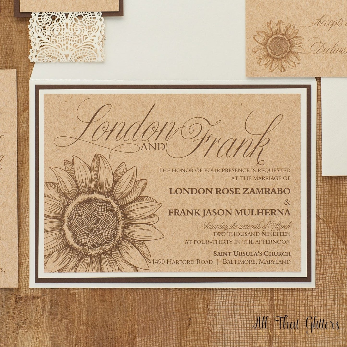 Sunflower Wedding Invitation, London - All That Glitters Invitations