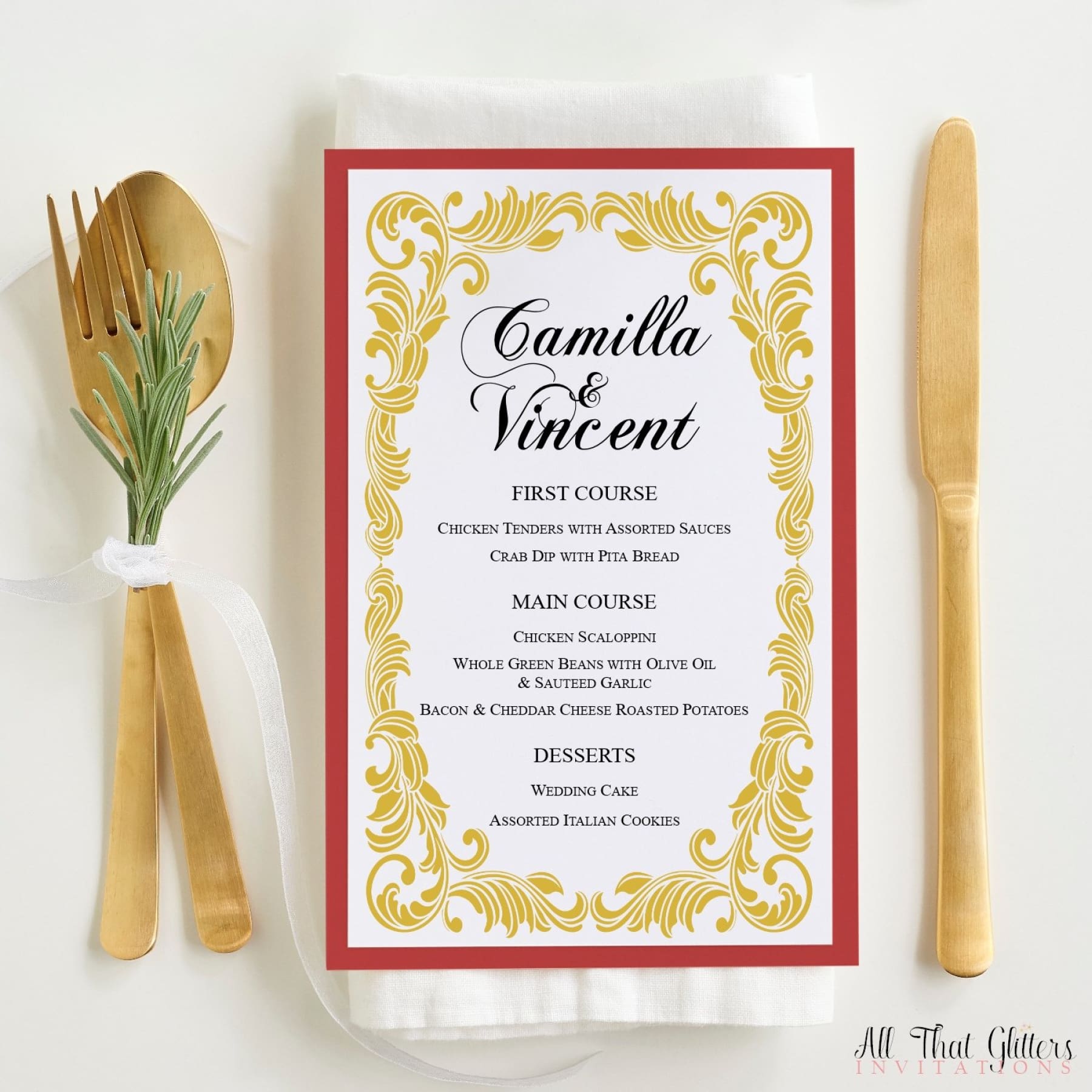 Vintage Wedding Reception Dinner Menu, Camilla - All That Glitters Invitations