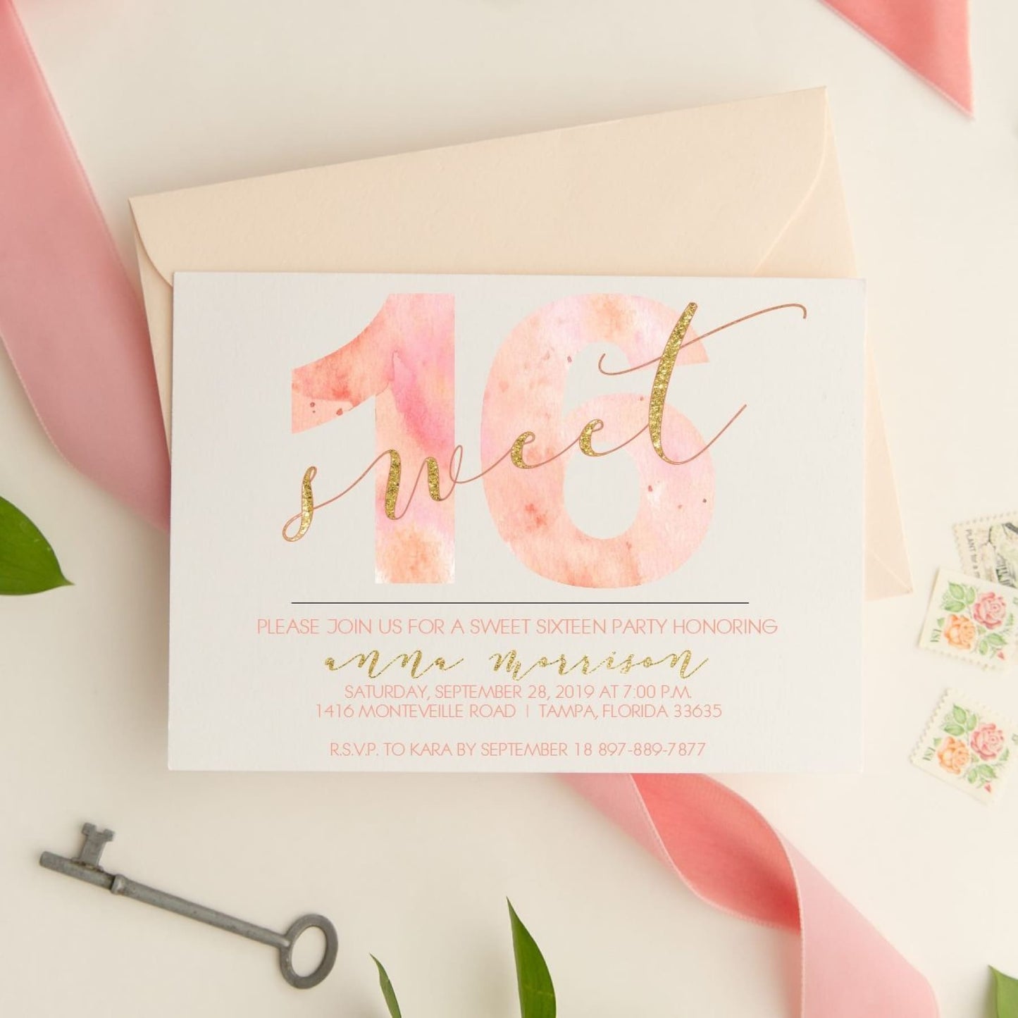 Watercolor Sweet 16 - All That Glitters Invitations