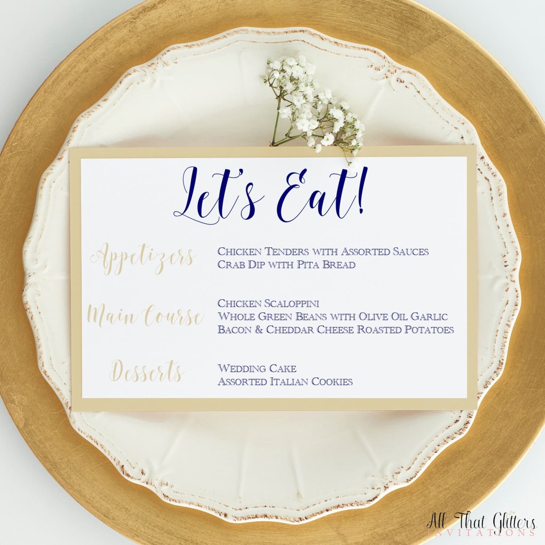 Wedding Reception Dinner Menu, Jasmine - All That Glitters Invitations