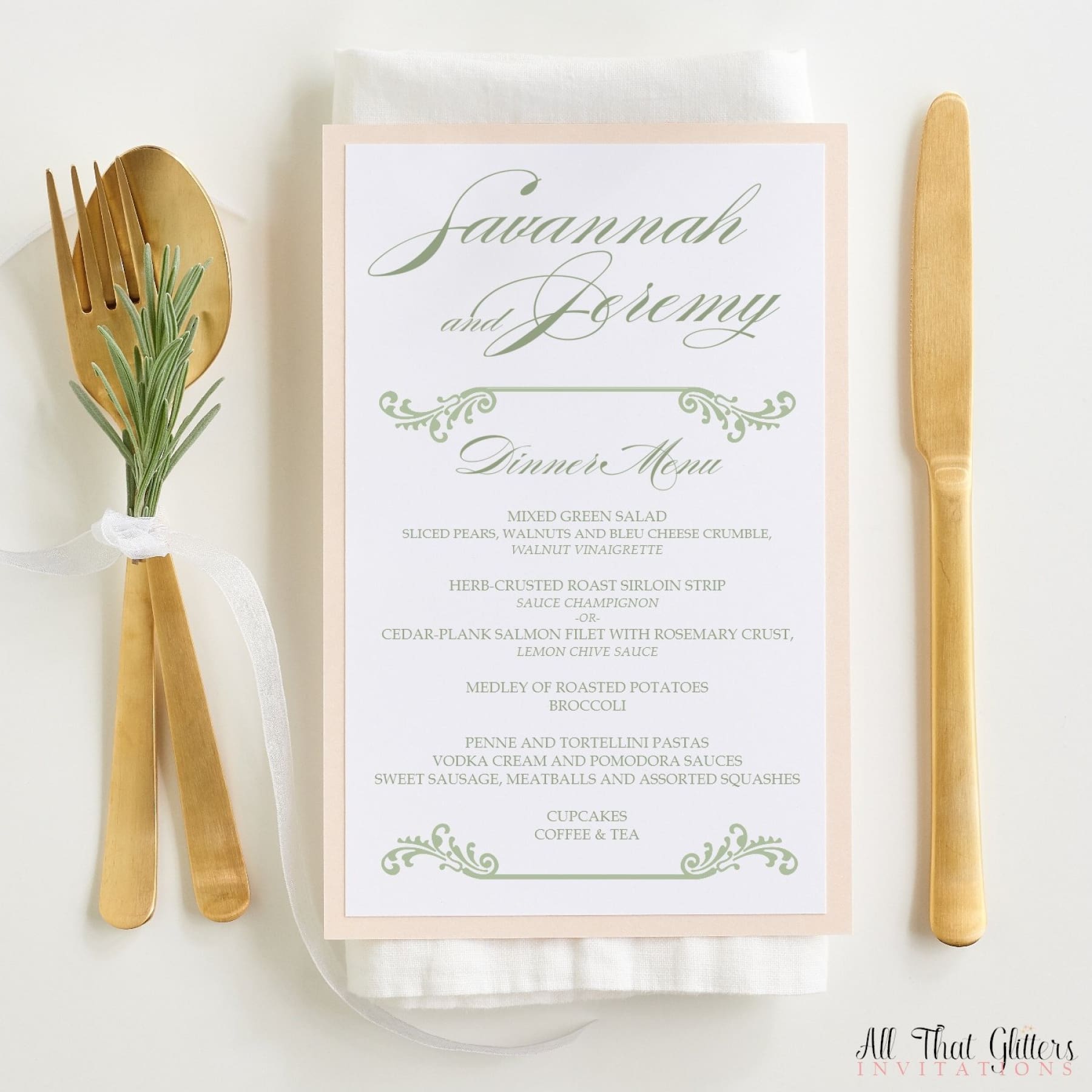 Wedding Reception Menu, Savannah - All That Glitters Invitations