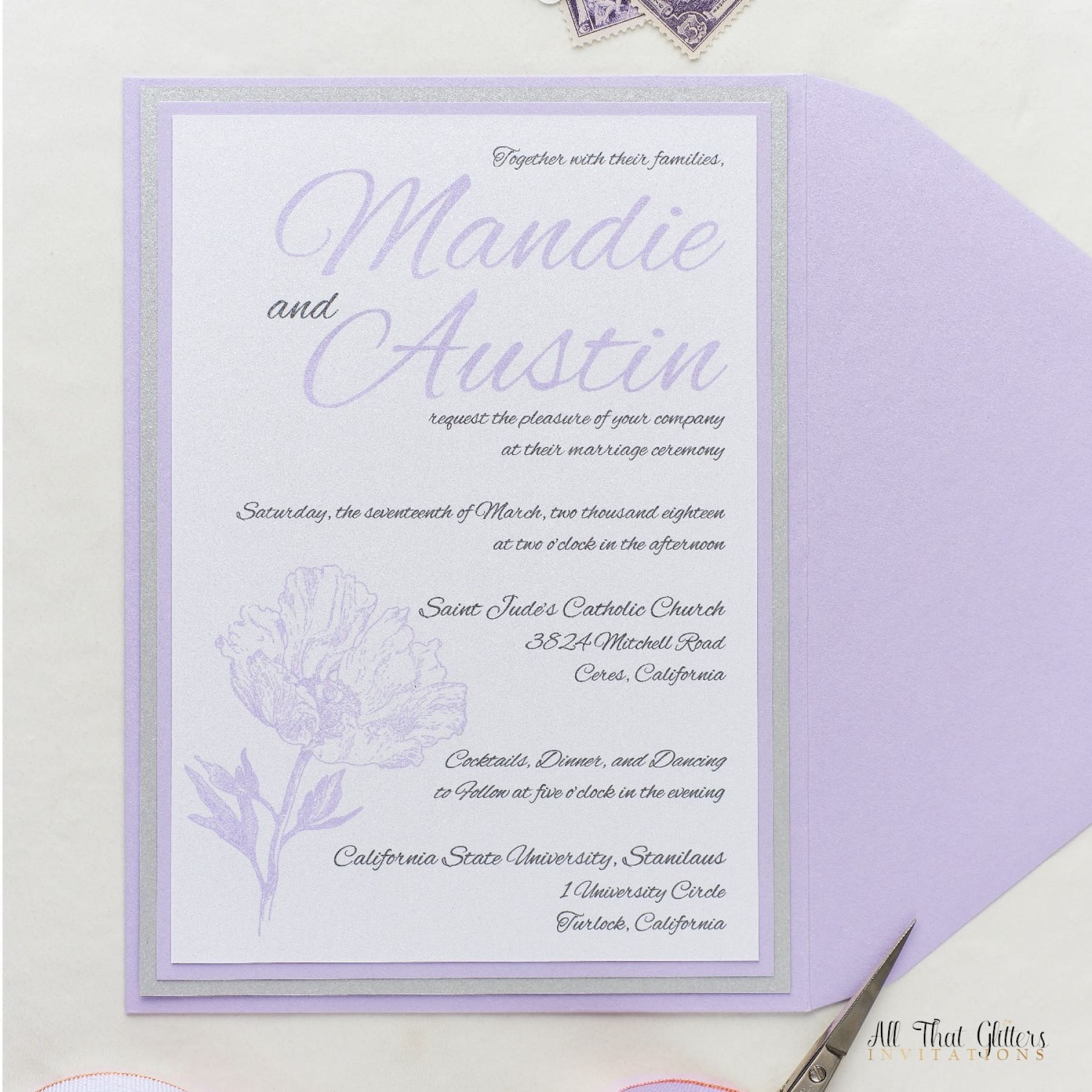 Whimsical Peony Wedding Invitation, Mandie - All That Glitters Invitations