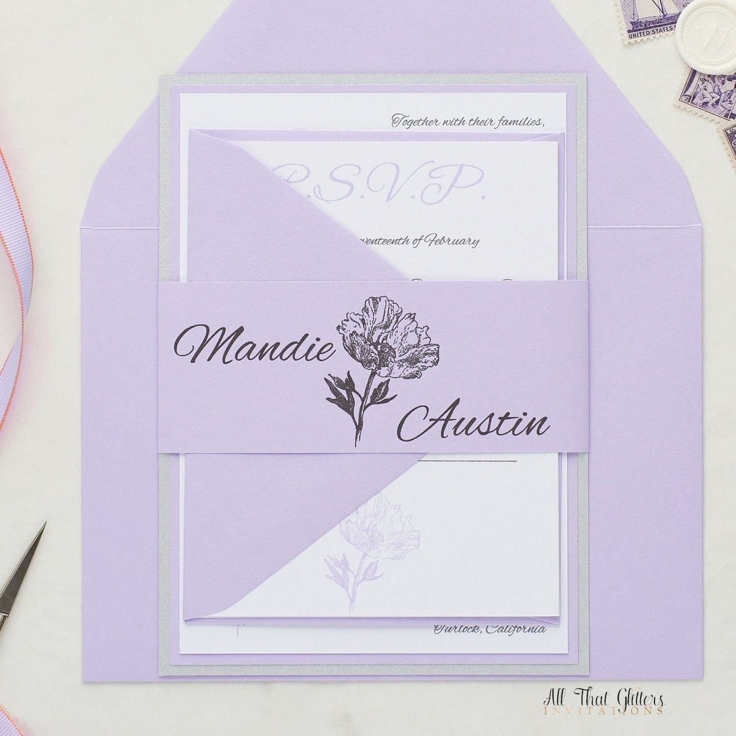 Whimsical Peony Wedding Invitation, Mandie - All That Glitters Invitations